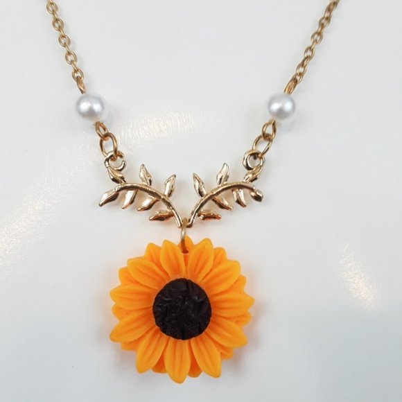 Dainty Gold Chain Pearl Vine Bright Yellow Sunflower Pendant Necklace - Picture 6 of 12